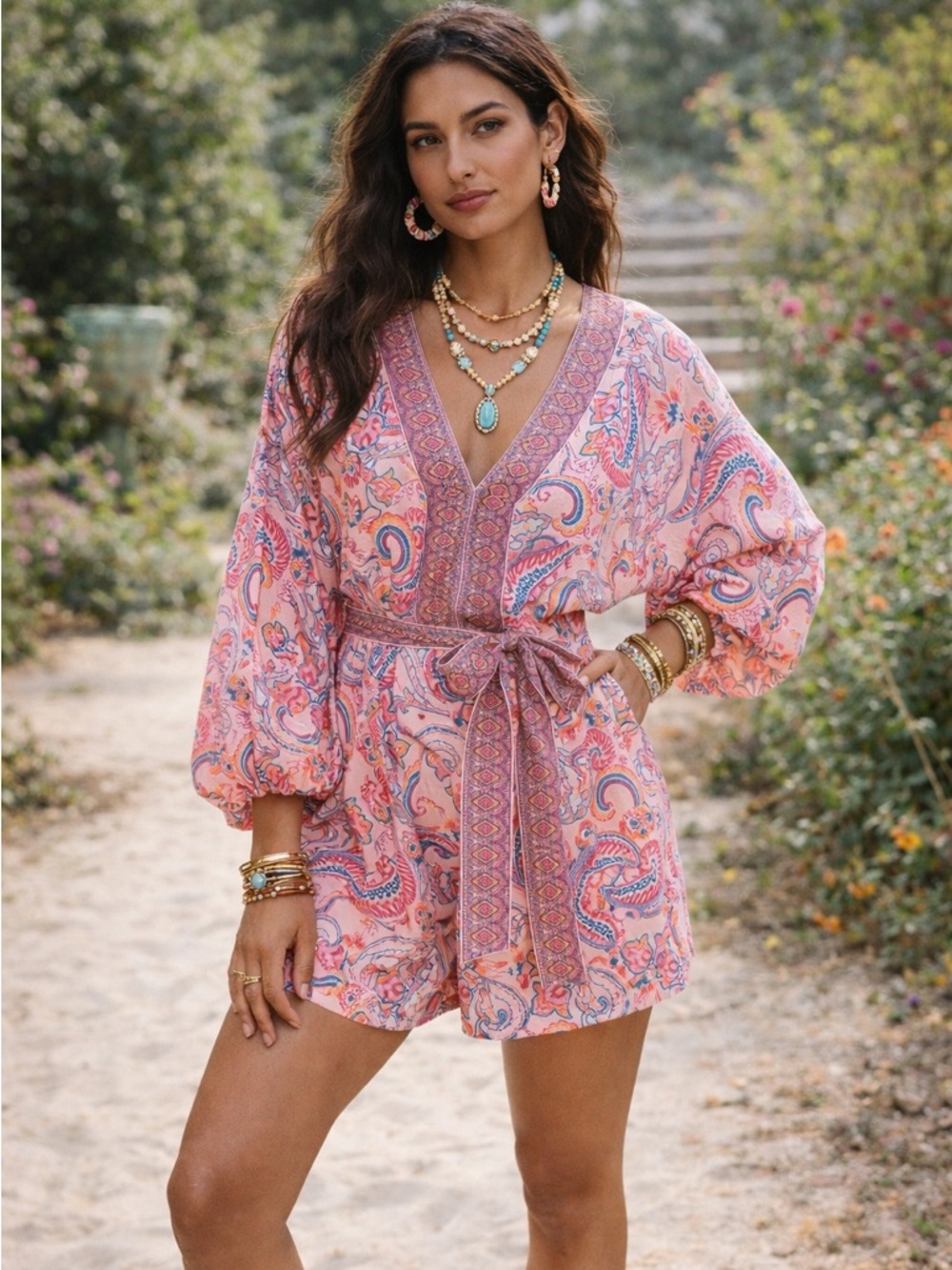 VENUS Pink Linen Tie Waist Venetian Paisley V‑Neck Belted Romper| Size 14
